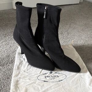 Prada Black Stretch Pointed Toe Ankle Boots with Side Zip